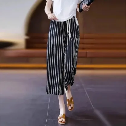 Elastic Waist Striped Capri Pants - Image 2