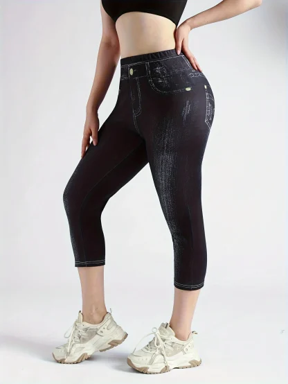 Faux Denim Slim Fit Capri Pants - Image 3
