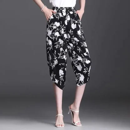 Cropped Black Floral Capri Pants - Image 3