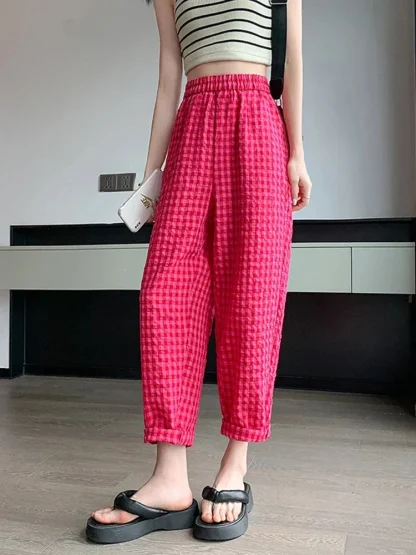 Plaid Elastic Waist Capri Pants - Image 2