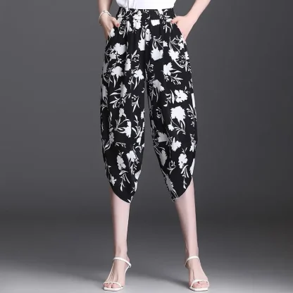 Cropped Black Floral Capri Pants - Image 2