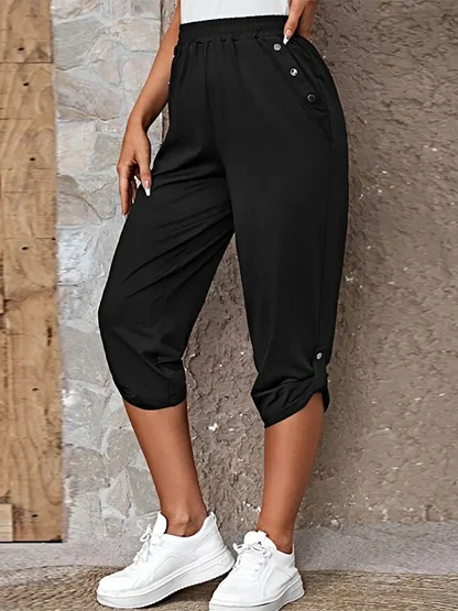 Casual Solid Cropped Capri Pants - Image 2