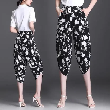 Cropped Black Floral Capri Pants - Image 5